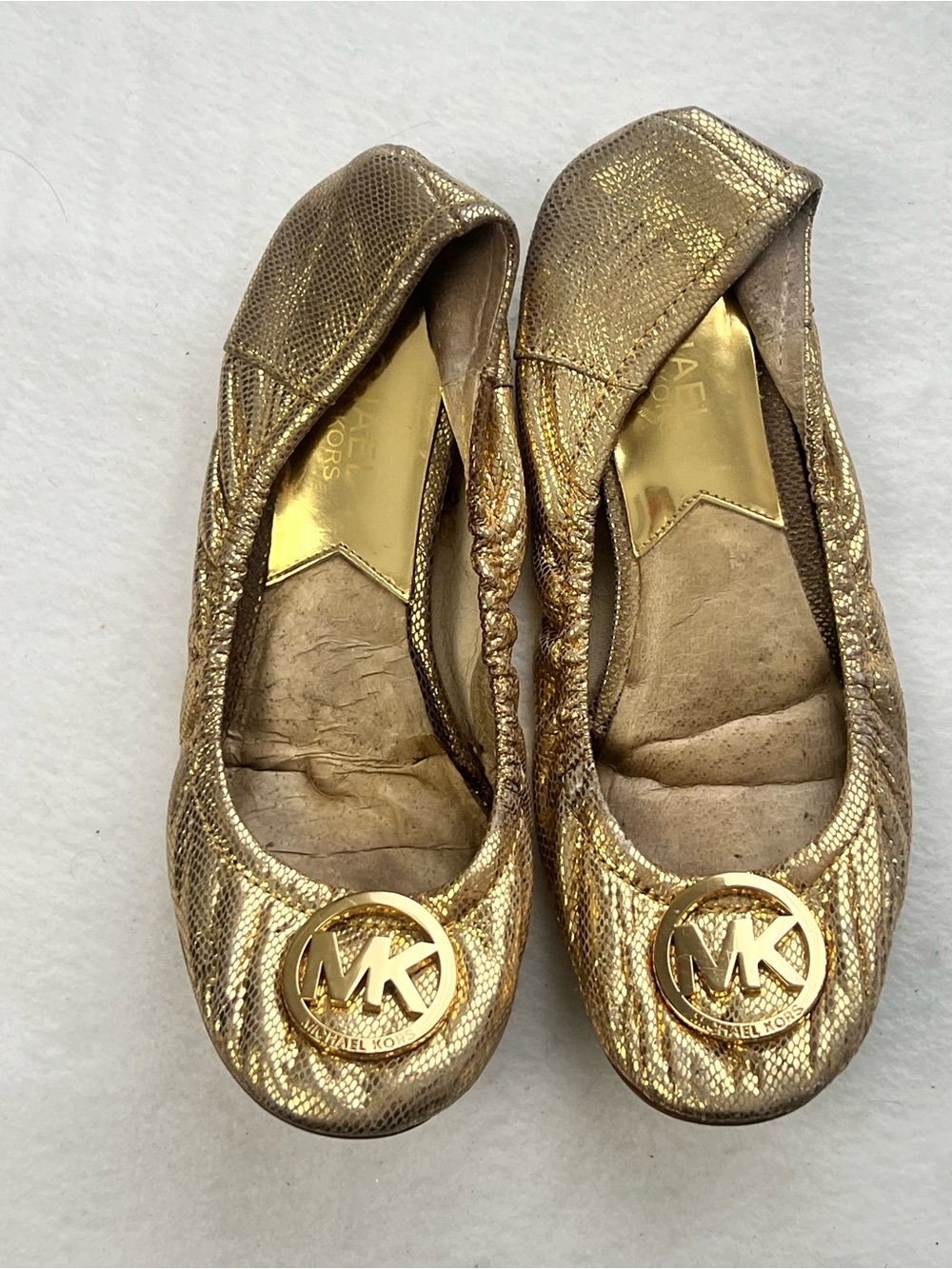 Michael Kors Gold Metallic Snake-Textured Ballet Flats MK Logo Women’s [SIZE]
